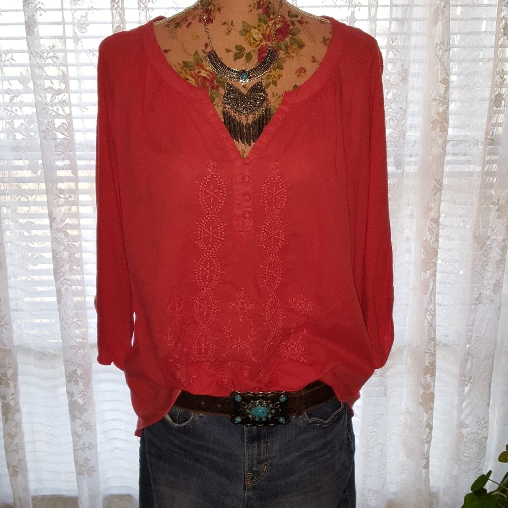 👠 Bright orange boho emboidery tunic blouse 👠